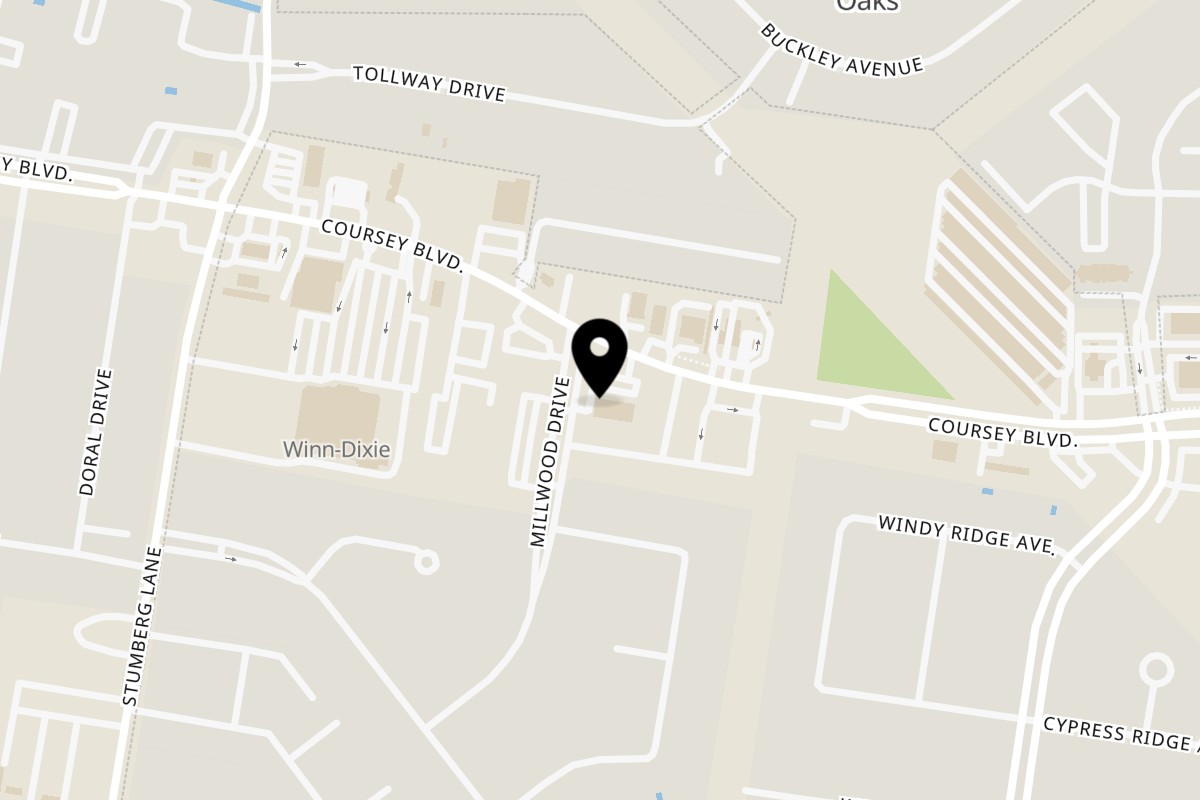 Map showing the location of JoVi's Tacos on 13214 Coursey Boulevard in Baton Rouge
